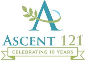 Ascent 121 celebrating 10 years logo on white background